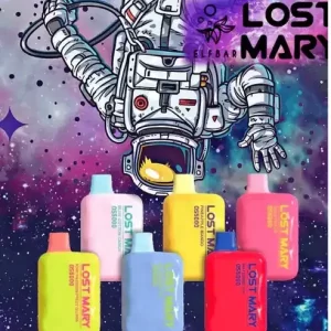 A box of ten Lost Mary OS5000 disposable vapes in a variety of colors, each with the Lost Mary logo