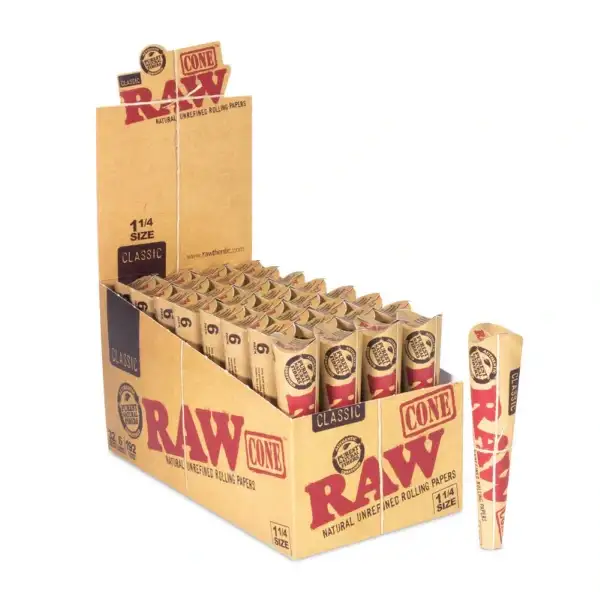 A pack of six Raw 1 1/4 pre-rolled cones in a branded cardboard packaging